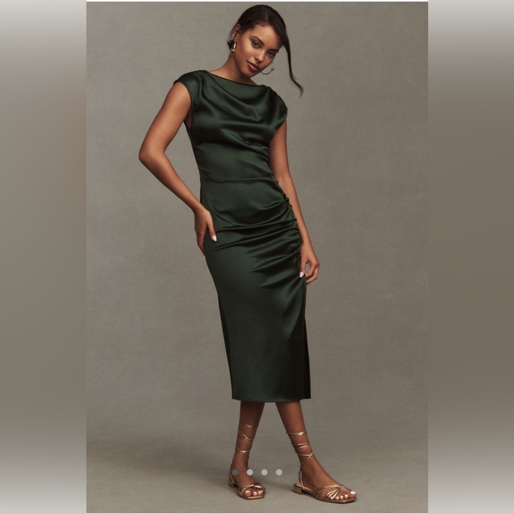 BHLDN Forest Green Satin Midi Dress